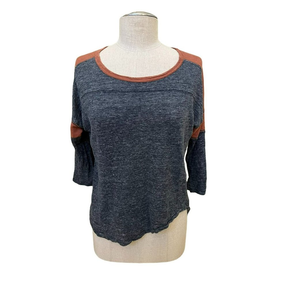 Madewell Women's T-Shirt Linen Round Neck Blue Brown 3/4 Sleeve Size Small